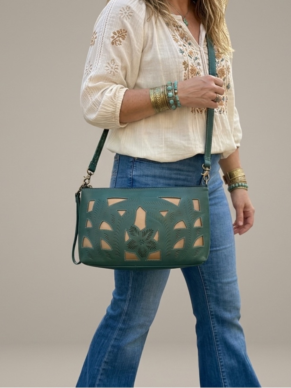 Leaders in Leather Crossbody Bag GreenHand Tooled Floral Cutout Vintage